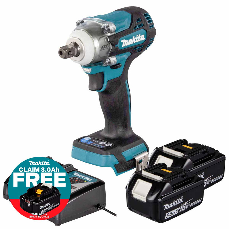Makita DTW301Z 18V LXT Brushless 1/2" Impact Wrench with 2x 5.0Ah Batteries, Charger and Makpac 3 Case