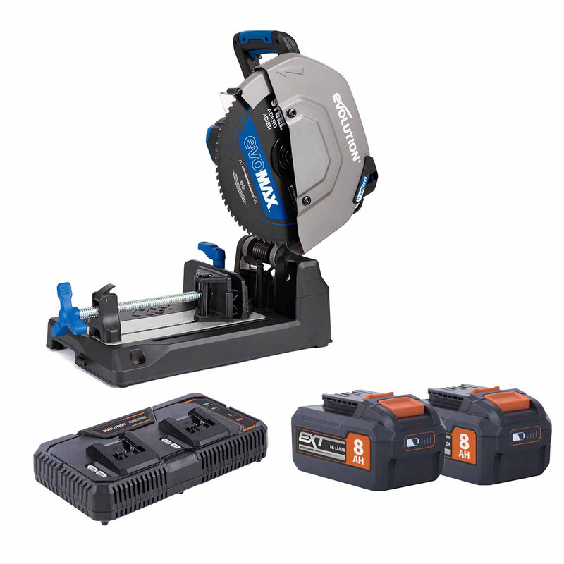 Evolution S355CPS-Li Twin 18V Brushless 355mm Metal Cutting Chop Saw with 2x 8.0Ah Batteries and Dual Port Fast Charger