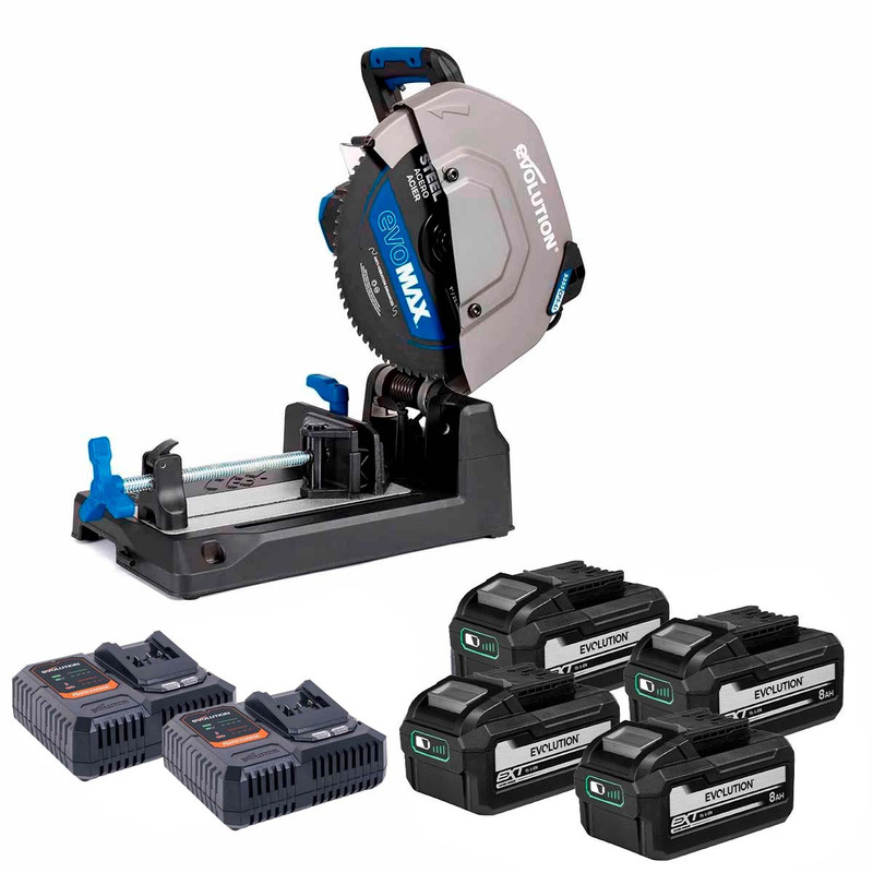 Evolution S355CPS-Li Twin 18V Brushless 355mm Metal Cutting Chop Saw with 4x 8.0Ah Batteries and 2x Single Port Fast Chargers