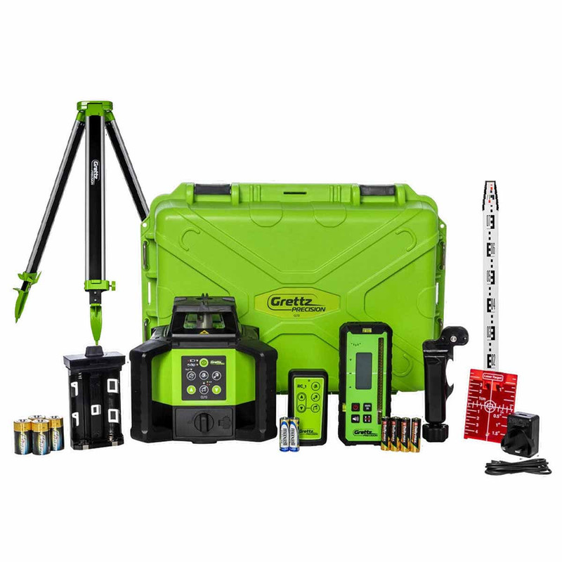 Grettz G70 Red Beam Dual Grade Rotary Laser Kit with Tripod, Staff and Receiver