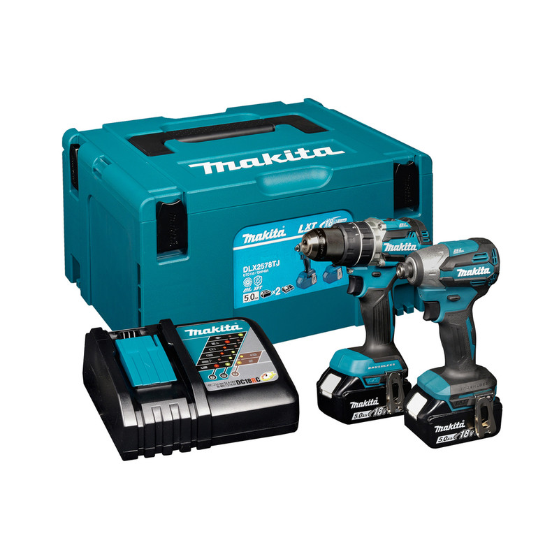 Makita DLX2578TJ 18V LXT Brushless Combi Drill & Impact Driver Twin Pack with 2x 5.0Ah Batteries, Charger & Case