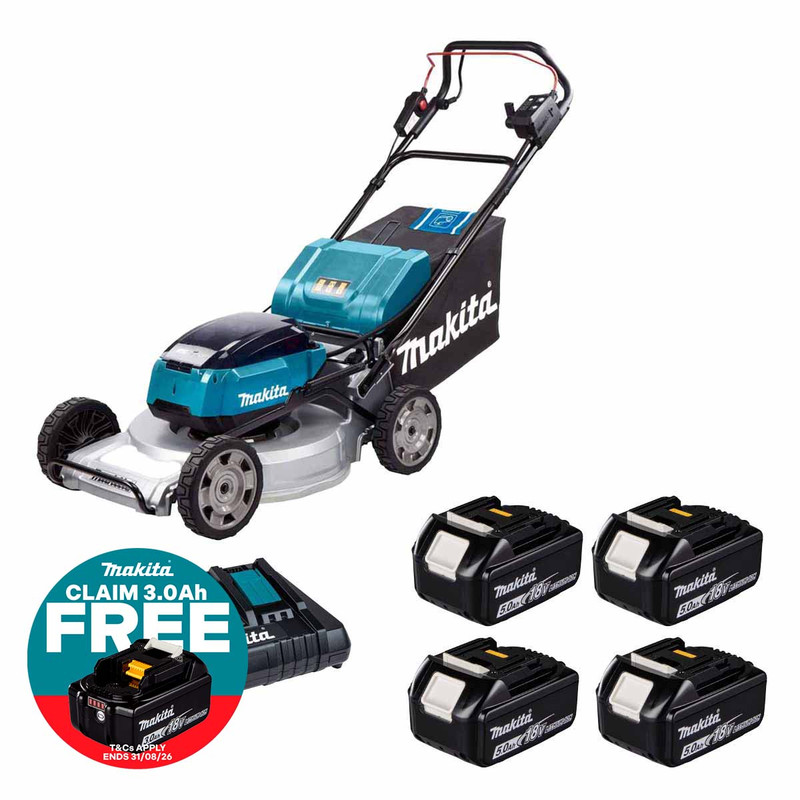 Makita DLM533 Twin 18V LXT Brushless 530mm Aluminium Deck Self Propelled Lawnmower with 4x 5.0Ah Batteries & Twin Fast Charger