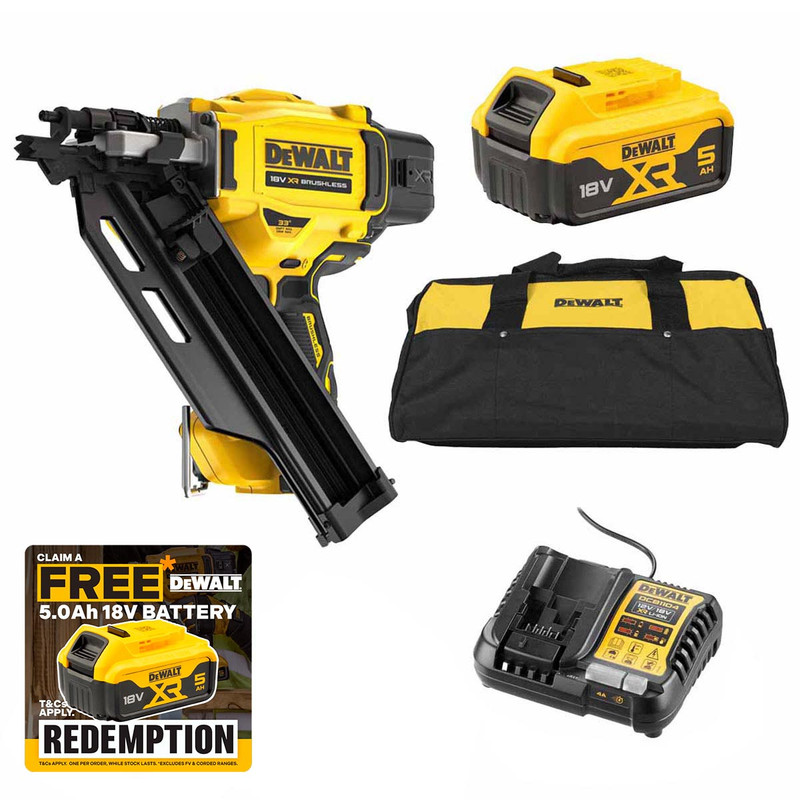 DeWalt DCN930N-XJ 18V XR Brushless 1st Fix Framing Nailer with 1x 5.0Ah Battery, Charger & Large Duffel Tool Bag
