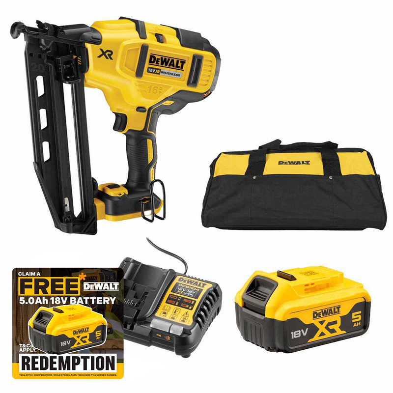 DeWalt DCN660-XJ 18V XR Brushless 16 Gauge 2nd Fix Nailer with 1x 5.0Ah Battery, Charger & Large Duffel Tool Bag