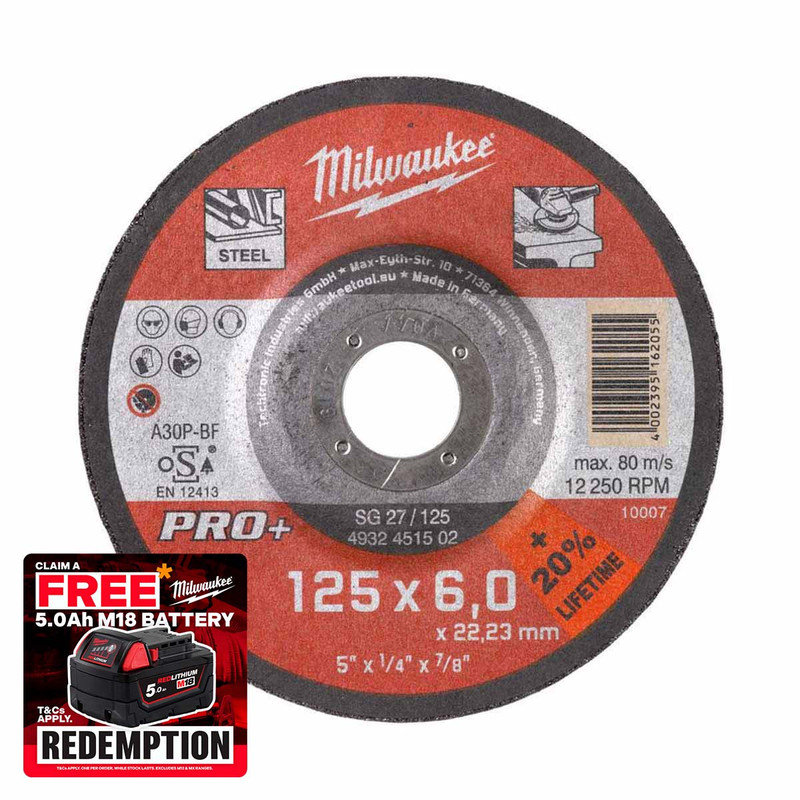 Milwaukee 4932451502 125mm x 6mm PRO+ Metal Grinding Disc