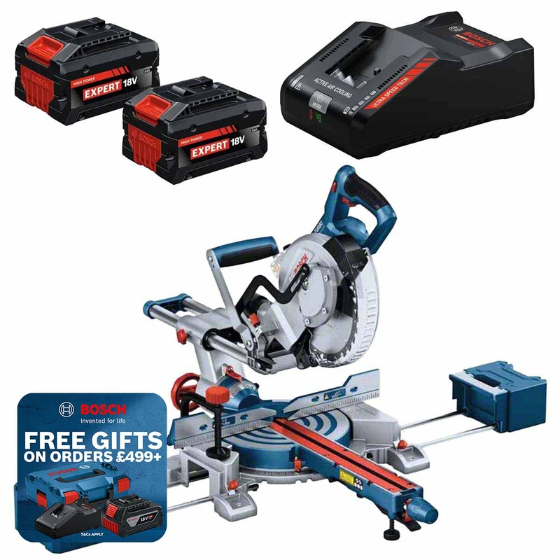 Bosch GCM18V-216 D 18V 216mm Sliding Mitre Saw with 2 x 8Ah Tabless Batteries and EXAL18V-160 Charger