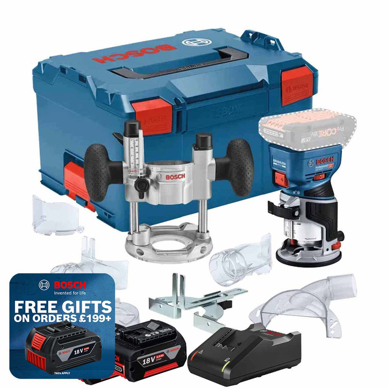 Bosch GKF 18V-8 Cordless Brushless Palm Router with 2 x 5.0Ah Batteries, GAL18V-40 Charger and L-Boxx