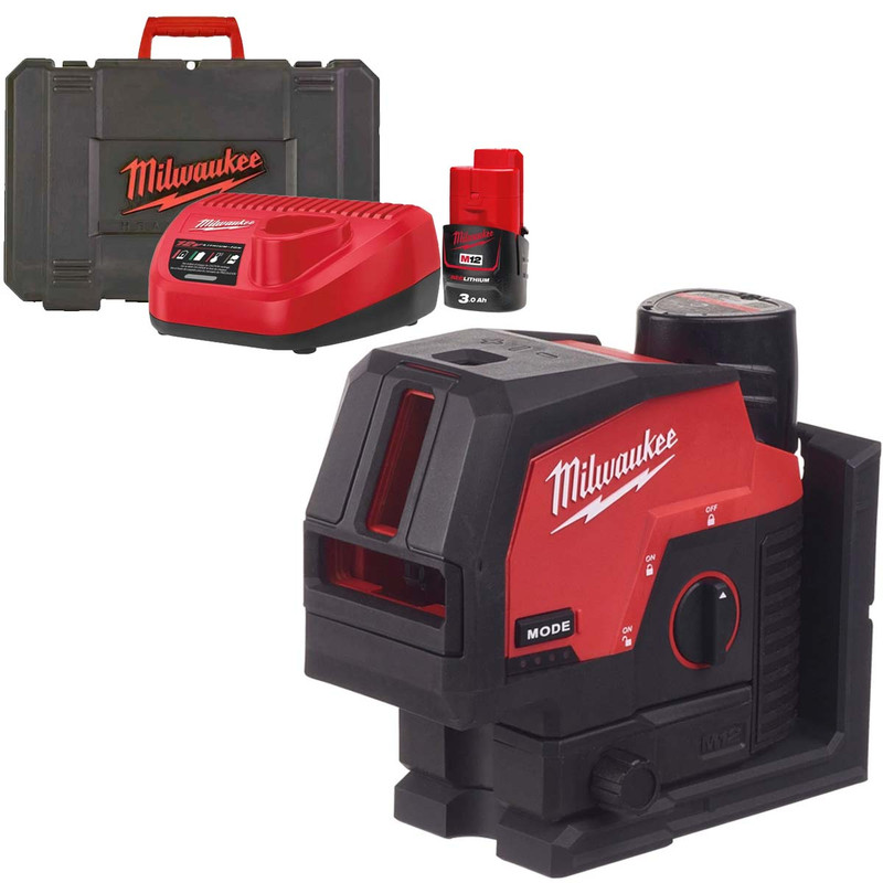 Milwaukee M12 CLLP-301C 12V Green Cross Line Laser with 1x 3.0Ah Battery, Charger and Kitbox