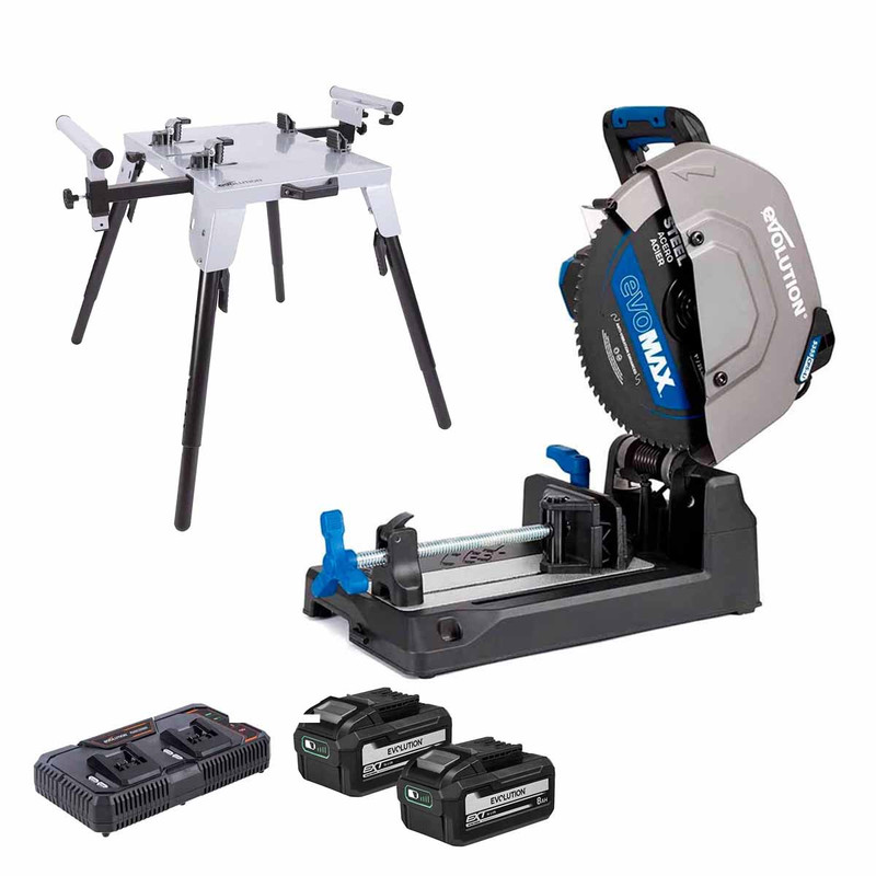 Evolution S355CPS-LI Twin 18V Brushless 355mm Metal Cutting Chop Saw with 2x 8.0Ah Batteries, Dual Port Fast Charger and Stand