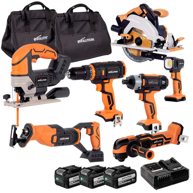 Evolution 7 Piece 18V Tool Kit with 3x 4.0Ah Batteries, Charger and 2x Bags