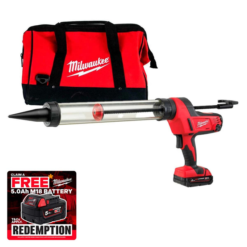 Milwaukee C18 PCG/600T-201B 18V Caulk Gun with 600ml Transparent Tube and Bag