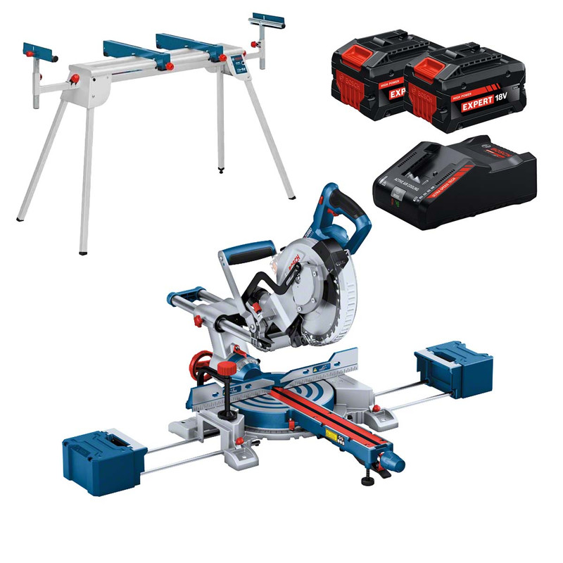 Bosch GCM18V-216 D 216mm Sliding Compound Mitre Saw 230V with 2x 8.0Ah Batteries, Charger & Stand