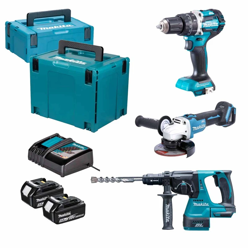 Makita 18V Brushless LXT Cordless 3 Piece Kit with 2x 5.0Ah Batteries, Charger and Case