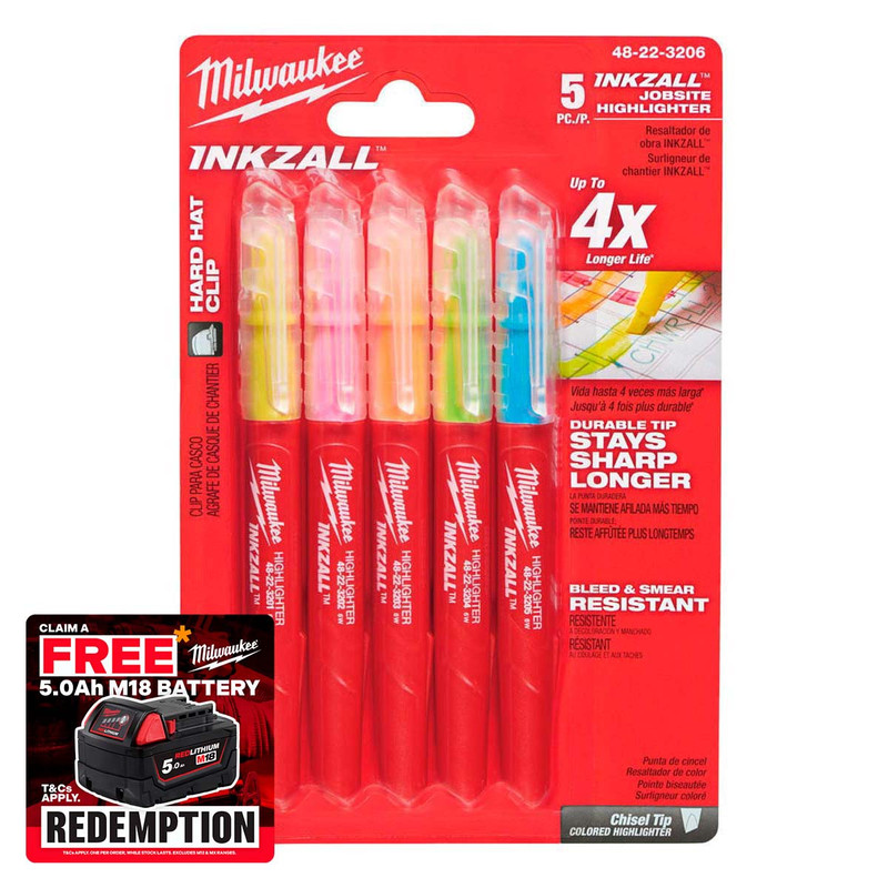 Milwaukee 48223206 INKZALL Highlighters Assorted Colours (Pack of 5) | Toolden