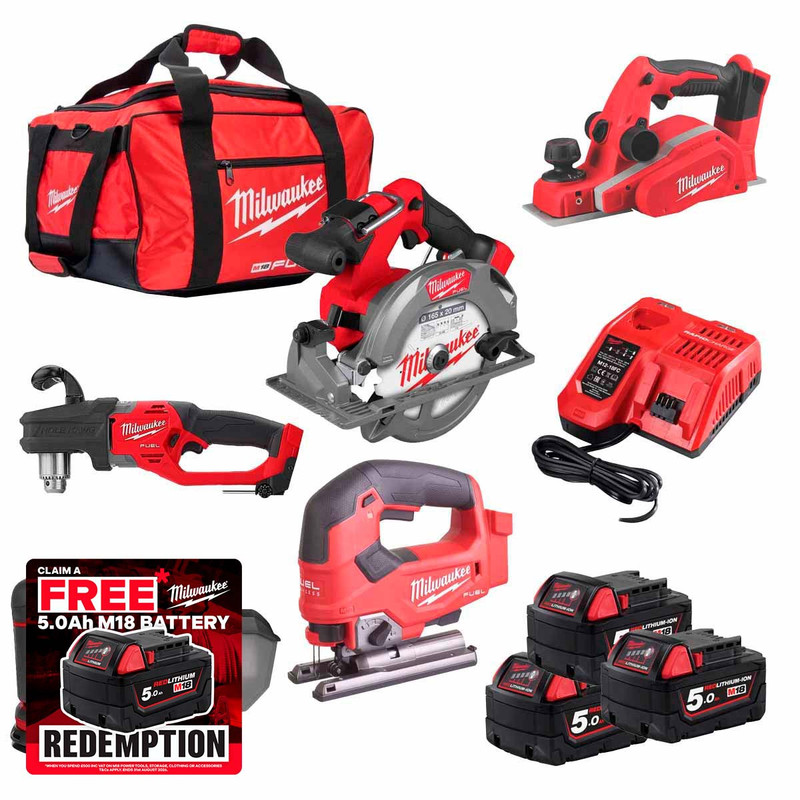 Milwaukee M18FPP5L 18V FUEL Woodworking 5pc Kit with 3x 5.0Ah Batteries