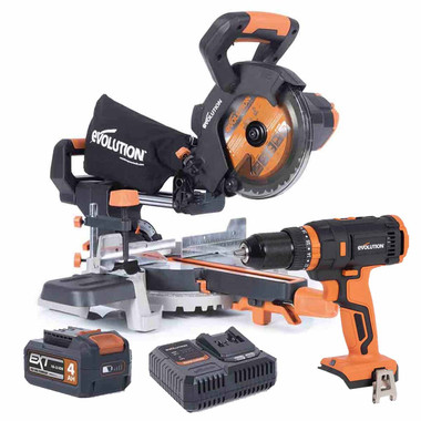 Evolution 18V EXT Cordless Sliding Mitre Saw with 1x 4.0Ah Battery and Free Combi Drill Toolden