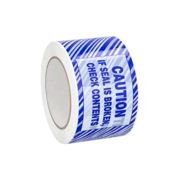 207210-ISB-H 72mm x 100m 1.9 mil 24 rls cs White Tamper Evident Tape with Blue Stripes.