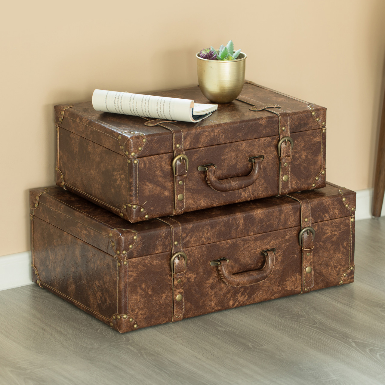 Faux Leather Storage Trunk Set of 3 - Vintiquewise