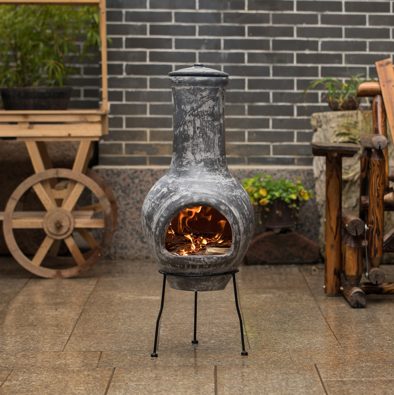 Indoor and Outdoor Stoney Grey Clay Chimenea Scribbled Design Fire Pit ...