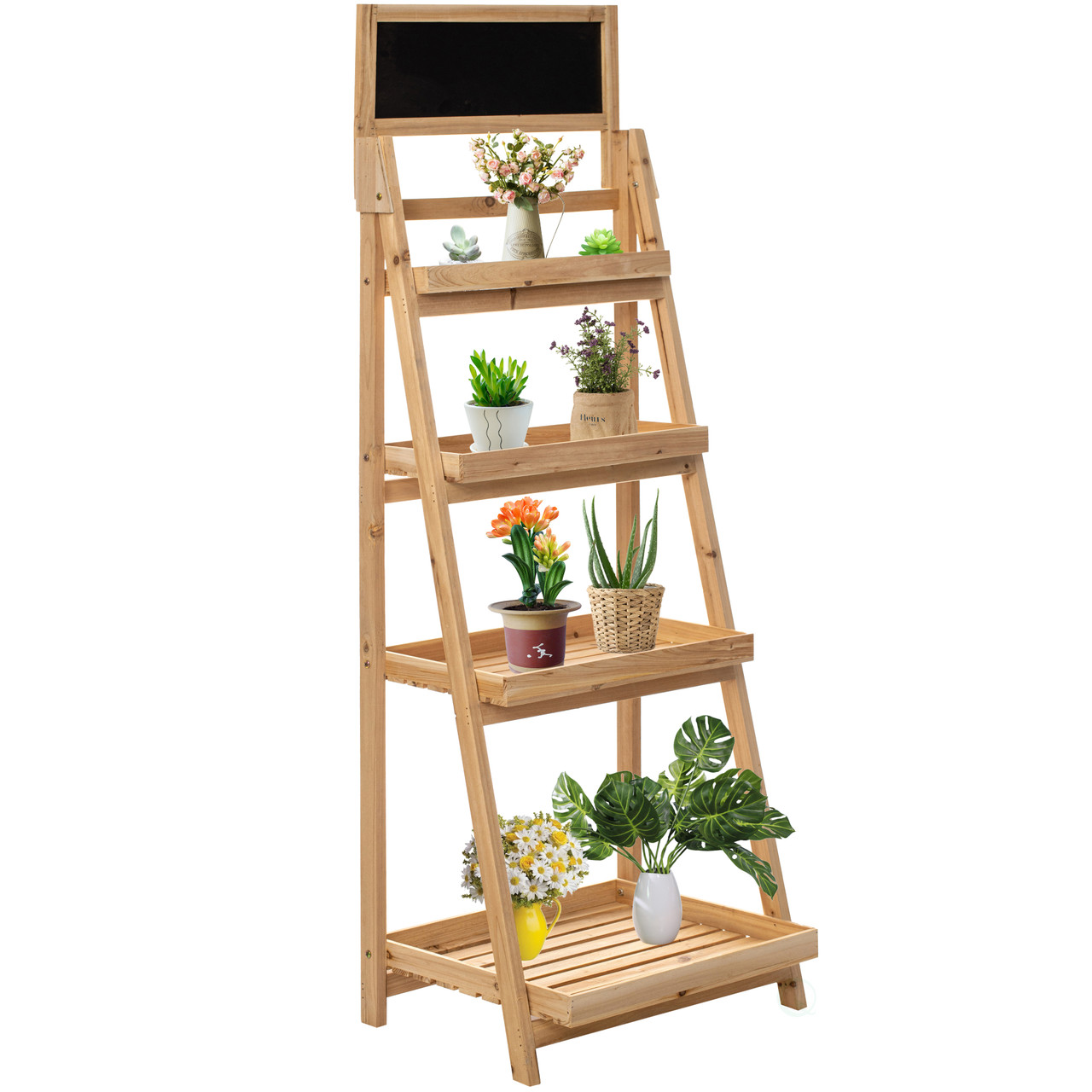 4 Tier Farmhouse Ladder Tall Tiered Wood Outdoor Plant Stand Display Shelf Rack Natural