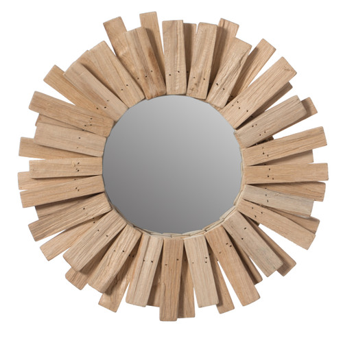 Hanging Sunburst Round Natural Wood Wall Mirror for the Entryway, Living Room, or Vanity