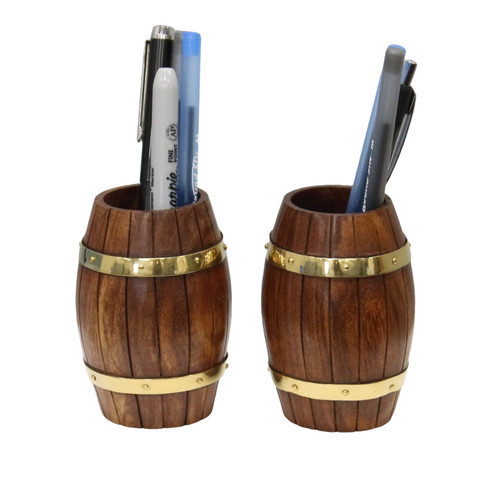 Set of Two Decorative Wine Barrel Shaped Wooden Pen Holders for Office Desk, or Entryway