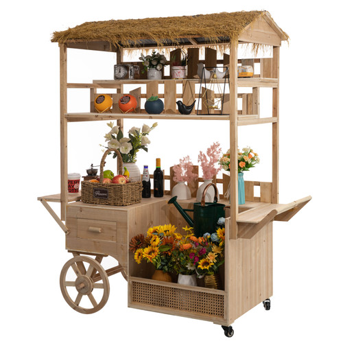 Vintiquewise Versatile Multi-Tier Shelves Wooden Rolling Cart - Perfect for Festival, Event Stand, Food Tasting Table, Garden Floral Display Rack, & Home Decor with Straw Roof and 2 Wood Wheels Vintiquewise Versatile Multi-Tier Shelves Wooden Rolling Cart - Perfect for Festival, Event Stand, Food Tasting Table, Garden Floral Display Rack, & Home Decor with Straw Roof and 2 Wood Wheels
