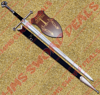 Narsil Sword of Elendil, also known as Reforged Narsil Sword of Aragorn, comes with wooden plaque and leather stitched scabbard