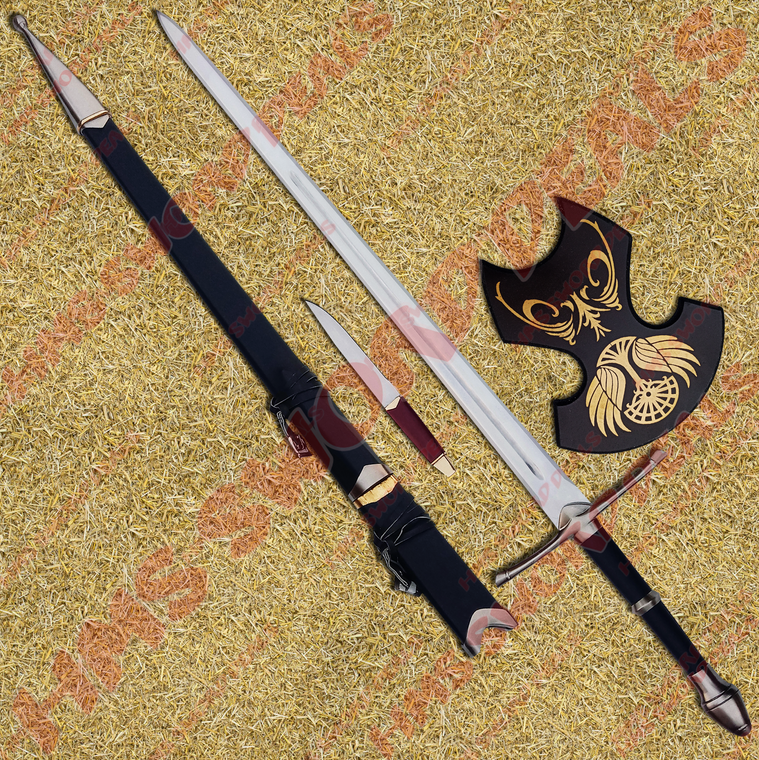 Strider Sword of Aragorn, also known as Aragorn's Ranger Sword, comes with knife, wooden plaque and leather stitched scabbard