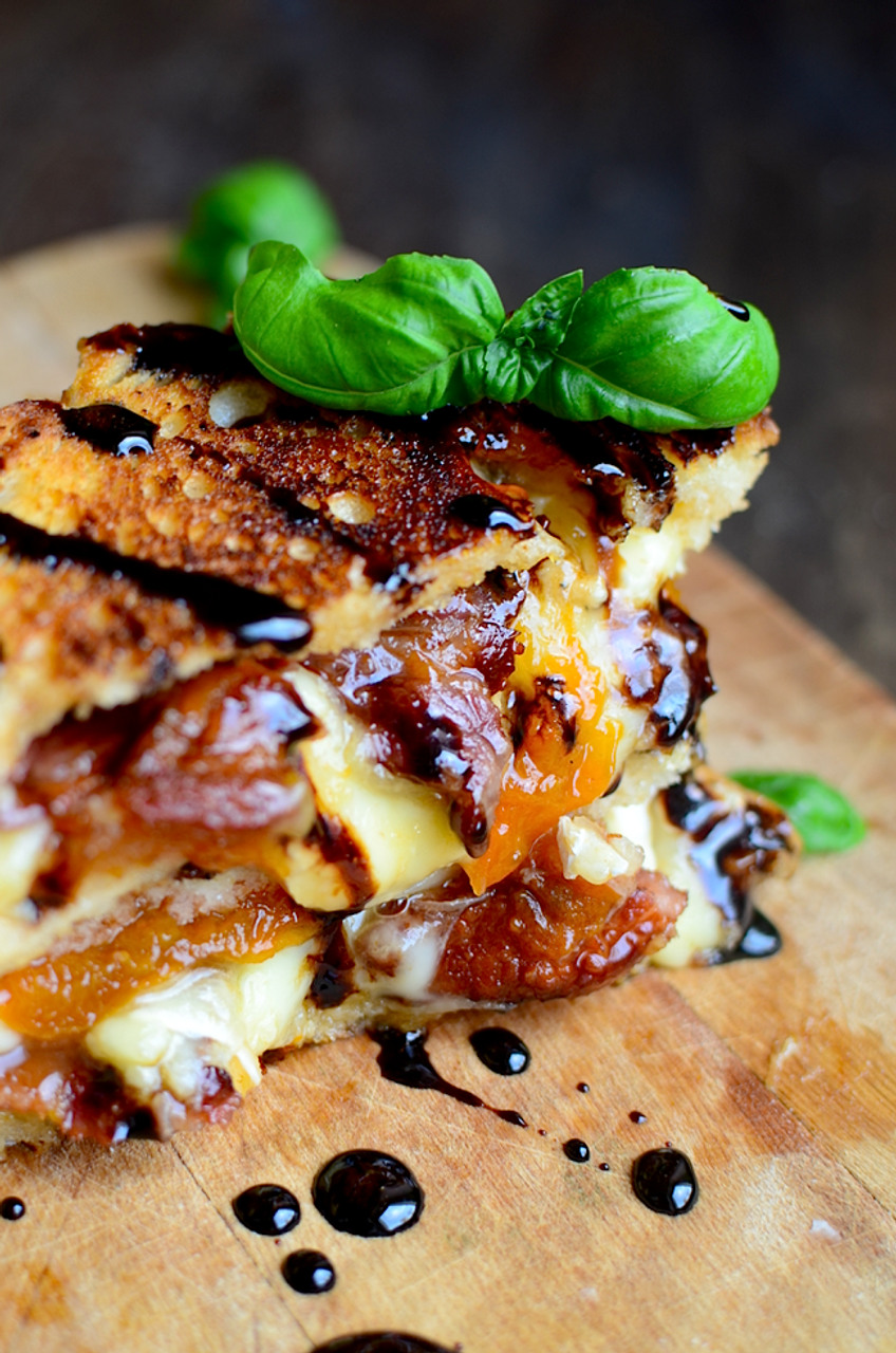 Bacon, Brie, and Apricot Grilled Cheese with Balsamic Reduction