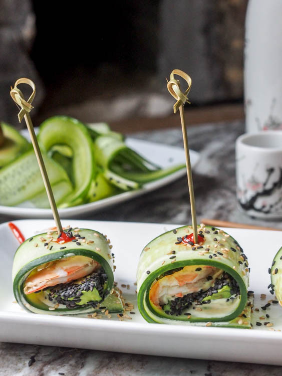 ASIAN CUCUMBER ROLLS WITH SHRIMP, AVOCADO AND WASABI AIOLI {GF, DF}