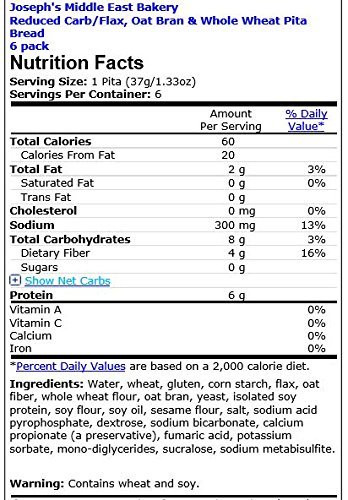 Joseph's Flax Oat Bran and Whole Wheat Pita Bread Low Carb, 3 Pack
