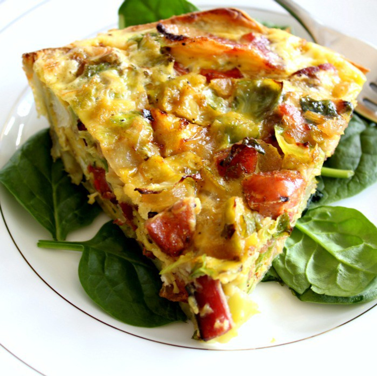 Brussels, Sausage & Bacon Quiche with Sweet Potato Crust