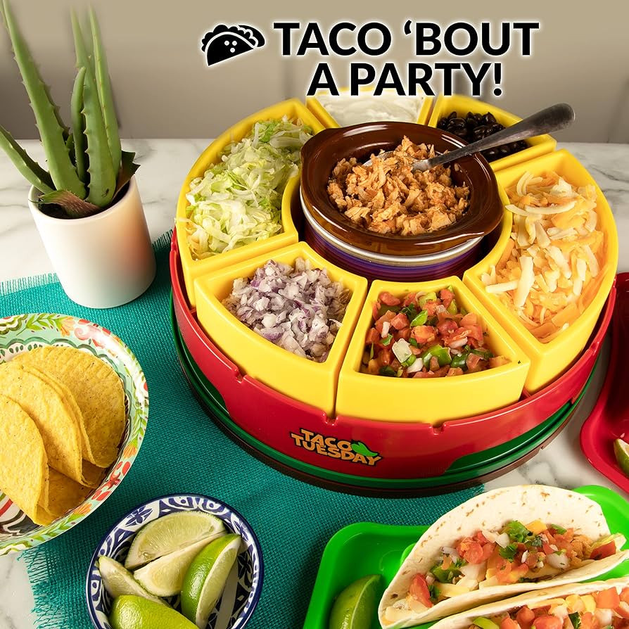 Nostalgia Taco Tuesday Heated Lazy Susan Taco Bar Serving Set for