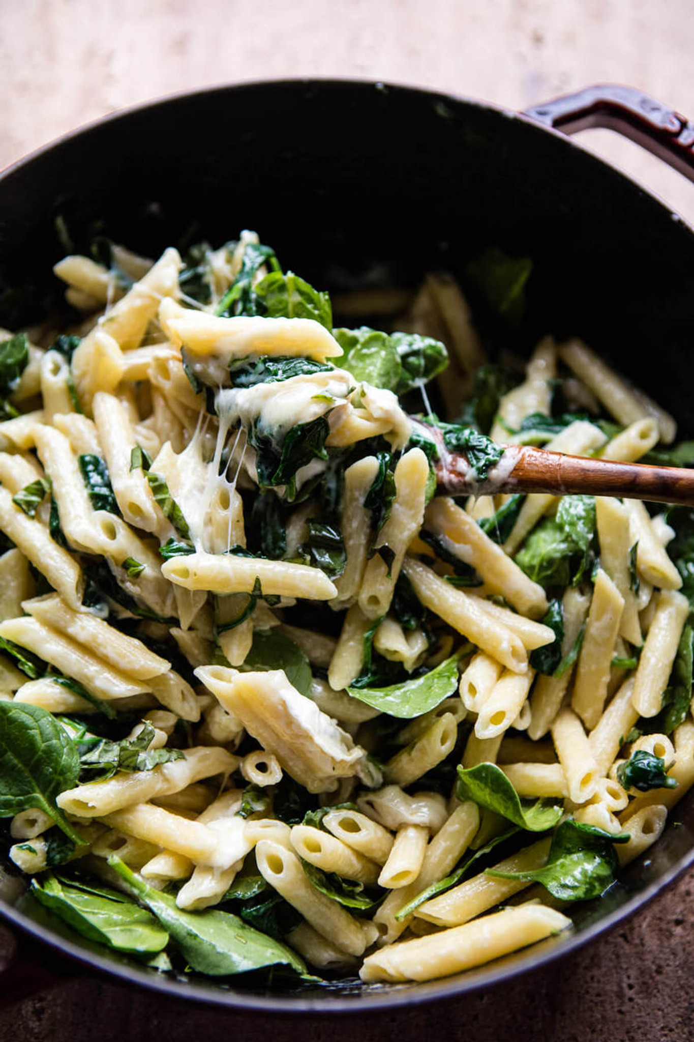 Lemony Spinach and Artichoke Brie Penne Pasta with Pine Nuts
