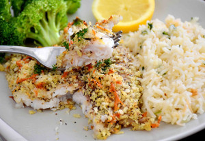 BAKED PARMESAN CRUSTED TILAPIA WITH RICE PILAF AND BROCCOLI BAKED PARMESAN CRUSTED TILAPIA WITH RICE PILAF AND BROCCOLI
