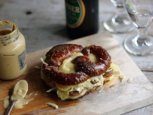 Bratwurst, Sauerkraut, and Muenster Cheese Grilled Cheese on Soft Pretzel Bratwurst, Sauerkraut, and Muenster Cheese Grilled Cheese on Soft Pretzel