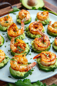 Blackened Shrimp Avocado Cucumber Bites - 42 pieces per tray Blackened Shrimp Avocado Cucumber Bites - 42 pieces per tray