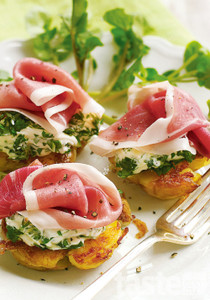 Smashed Potatoes with Garlic, Herb Cheese and Prosciutto Smashed Potatoes with Garlic, Herb Cheese and Prosciutto