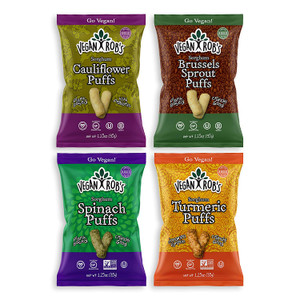Vegan Rob's Puffs, Variety Pack With Brussel Sprout, Probiotic Cauliflower, Spinach, & Tumeric, 1.25 oz - includes 12 Vegan Rob's Puffs, Variety Pack With Brussel Sprout, Probiotic Cauliflower, Spinach, & Tumeric, 1.25 oz - includes 12