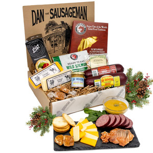 Northwest Essentials Charcuterie Gift Basket - Sockeye Salmon, Smoked Summer Sausages, Dan's Famous Mustard & Gouda Cheese Northwest Essentials Charcuterie Gift Basket - Sockeye Salmon, Smoked Summer Sausages, Dan's Famous Mustard & Gouda Cheese