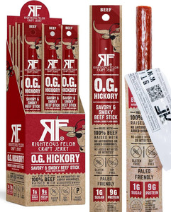 Righteous Felon OG Hickory 100% Beef Meat Sticks | High Protein, Low Carb, Keto, Gluten Free, Craft Beef, Turkey, Pork - Pack of 24 Righteous Felon OG Hickory 100% Beef Meat Sticks | High Protein, Low Carb, Keto, Gluten Free, Craft Beef, Turkey, Pork - Pack of 24