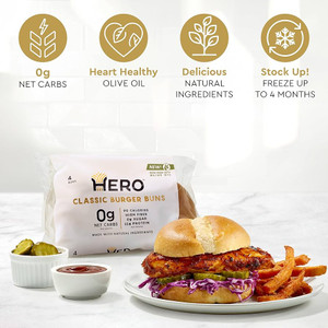 Hero Classic Hamburger Buns - 0g Net Low Carb Buns | High Fiber, 0g Net Carbs, 0g Sugar - Pack of 2 Hero Classic Hamburger Buns - 0g Net Low Carb Buns | High Fiber, 0g Net Carbs, 0g Sugar - Pack of 2