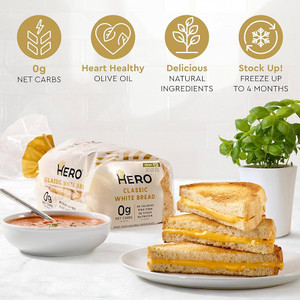 Hero Classic White Bread — Delicious Bread with 0g Net Carb, 0g Sugar, Tastes Like Regular Bread | Low Carb & Keto Friendly Bread Loaf - 15 Slices/Loaf, 2 Loaves Hero Classic White Bread — Delicious Bread with 0g Net Carb, 0g Sugar, Tastes Like Regular Bread | Low Carb & Keto Friendly Bread Loaf - 15 Slices/Loaf, 2 Loaves
