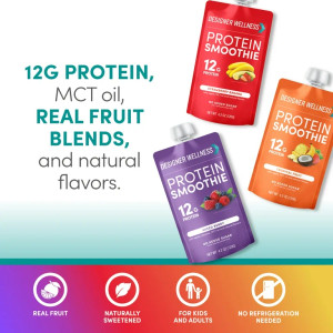 Designer Wellness Protein Smoothie, Real Fruit - 12g Protein, Low Carb, Zero Added Sugar, Gluten-Free, Non-GMO - 3 Flavor, Variety Pack of 12 Designer Wellness Protein Smoothie, Real Fruit - 12g Protein, Low Carb, Zero Added Sugar, Gluten-Free, Non-GMO - 3 Flavor, Variety Pack of 12