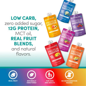Designer Wellness Protein Smoothie, Real Fruit - 12g Protein, Low Carb, Zero Added Sugar, Gluten-Free, Non-GMO - 4 Flavor, Variety Pack of 12 Designer Wellness Protein Smoothie, Real Fruit - 12g Protein, Low Carb, Zero Added Sugar, Gluten-Free, Non-GMO - 4 Flavor, Variety Pack of 12