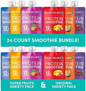 Designer Wellness Protein Smoothies Original Variety Pack & Super Fruits - Low Carb, Zero Added Sugar, Gluten Free - Variety Pack of 24