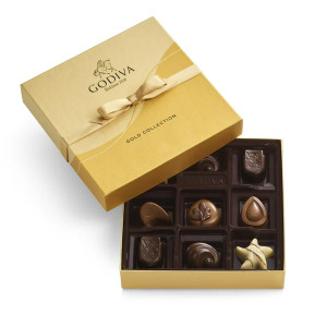 Godiva Chocolatier Gold Ribbon 9-Piece Assorted Chocolate Gift Box – Gourmet Chocolate Candy Variety Pack – Dark Caramel, Milk Chocolate, Nuts Godiva Chocolatier Gold Ribbon 9-Piece Assorted Chocolate Gift Box – Gourmet Chocolate Candy Variety Pack – Dark Caramel, Milk Chocolate, Nuts