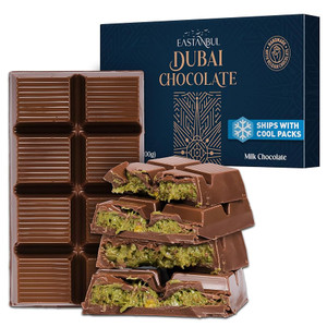 Eastanbul Dubai Dark Chocolate Bar Pistachio, 7oz, Premium Belgium Chocolate, Pistachio Dubai Bar - Gift Box Eastanbul Dubai Dark Chocolate Bar Pistachio, 7oz, Premium Belgium Chocolate, Pistachio Dubai Bar - Gift Box
