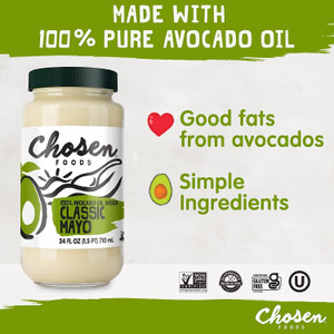 Chosen Foods 100% Avocado Oil-Based Classic Mayonnaise, 24 floz, Gluten & Dairy Free, Low-Carb, Keto Diet Friendly, Mayo for Sandwiches, Dressings and Sauces, Made with Cage Free Eggs Chosen Foods 100% Avocado Oil-Based Classic Mayonnaise, 24 floz, Gluten & Dairy Free, Low-Carb, Keto Diet Friendly, Mayo for Sandwiches, Dressings and Sauces, Made with Cage Free Eggs